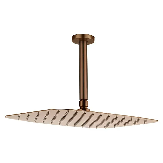 Camargue Bolonia Sistema de ducha empotrado - Con grifo termostático, Oro rosa, Latón - Cabezal de ducha cuadrado de techo con acabado en bronce cepillado.