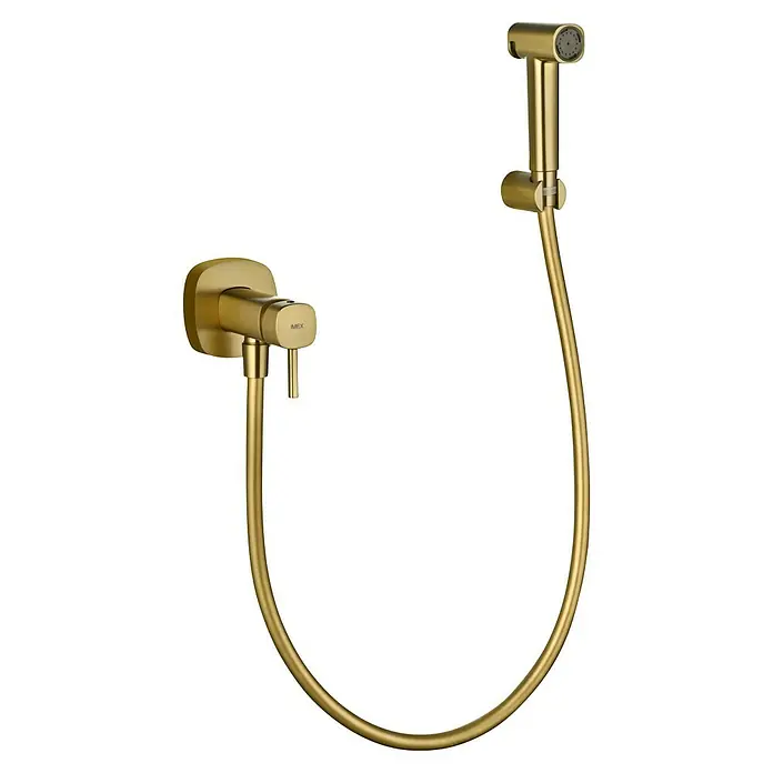 Camargue Bolonia Ducha higiénica inodoro - Oro, Acero inoxidable - Ducha de bidé dorada con manguera flexible y mezclador de pared.