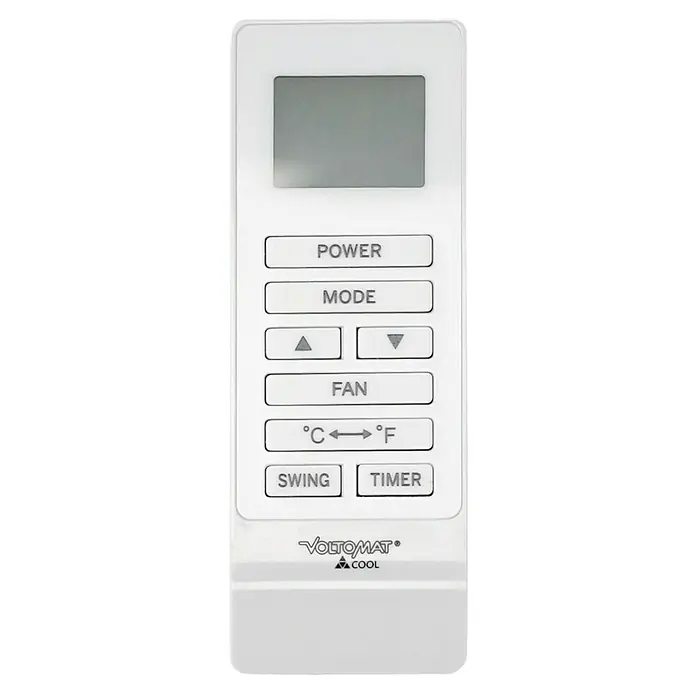 Voltomat Mobiles Klimagerät - 4.600 W, Raumgröße: 35 m², Weiß - Weiße Fernbedienung mit Display und Tasten für Klimaanlagenfunktionen wie Power, Mode, Lüfter und Temperatur.