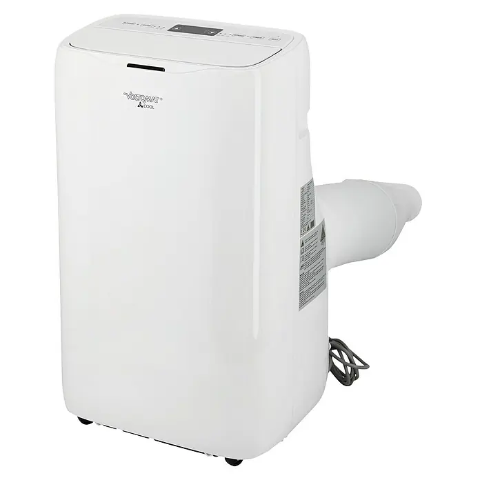 Voltomat Mobiles Klimagerät - 4.600 W, Raumgröße: 35 m², Weiß - Weißes, mobiles Klimagerät mit Bedienfeld oben, seitlichem Abluftschlauch und Netzkabel.
