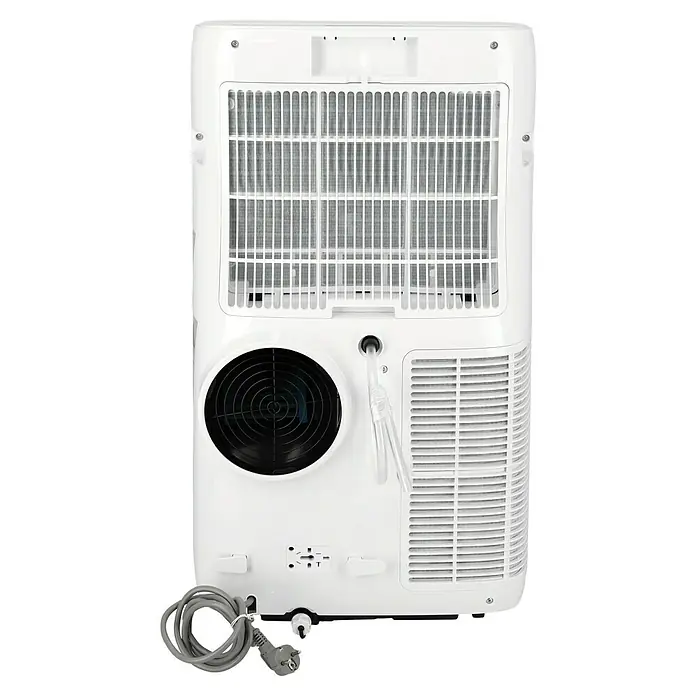 Voltomat Mobiles Klimagerät - 4.600 W, Raumgröße: 35 m², Weiß - Rückseite einer weißen mobilen Klimaanlage mit Gittern, Ventilator, transparentem Ablaufschlauch und Netzkabel.