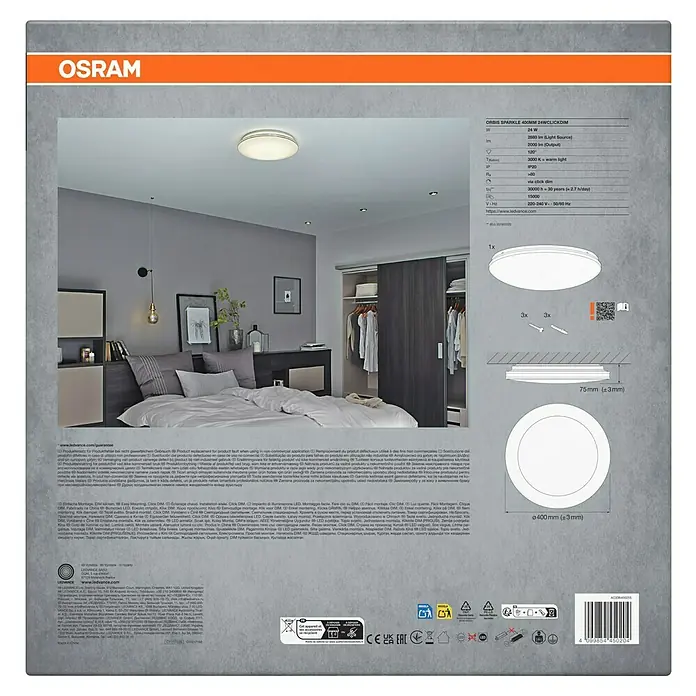 Osram Orbis LED-Deckenleuchte rund Sparkle Click Dim - 24 W, Ø x H: 45 x 9,1 cm, 3.000 K, Weiß - OSRAM ORBIS SPARKLE LED-Deckenleuchte auf Verpackung, zeigt Installation in Schlafzimmer, technische Daten und 400mm Durchmesser.