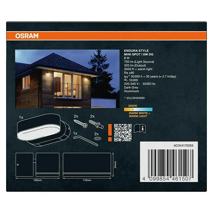 Osram Endura Style LED-Außenwandleuchte Mini - 8 W, 100 x 230 x 54 mm, Grau, IP44 - OSRAM Endura Style Mini Spot Außenleuchte aus dunkelgrauem Aluminium, an einer Hausfassade.
