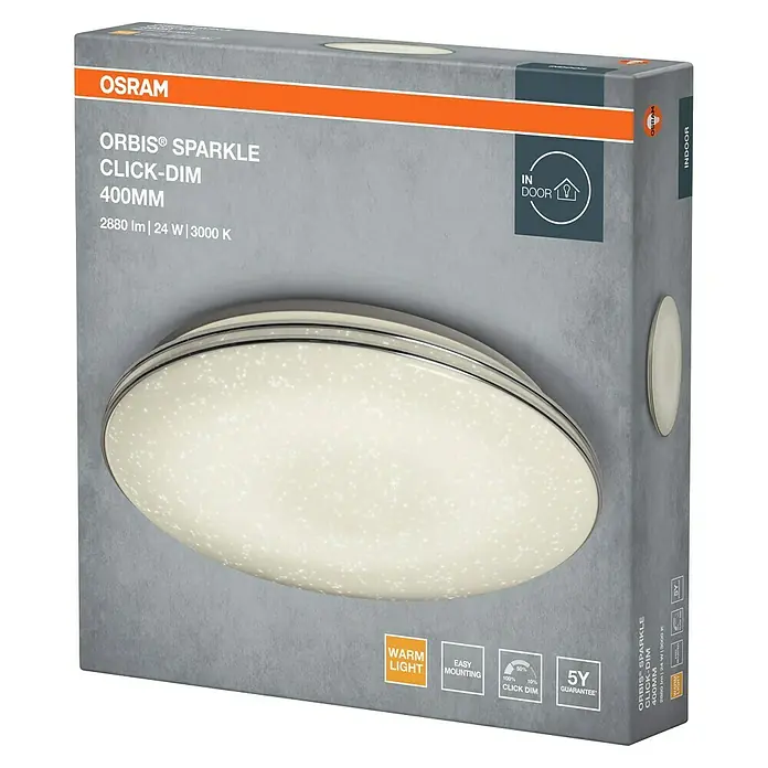 Osram Orbis LED-Deckenleuchte rund Sparkle Click Dim - 24 W, Ø x H: 45 x 9,1 cm, 3.000 K, Weiß - OSRAM Orbis Sparkle 400mm LED-Deckenleuchte in grauer Verpackung, zeigt die runde weiße Leuchte mit Glitzereffekt und Metallrand.