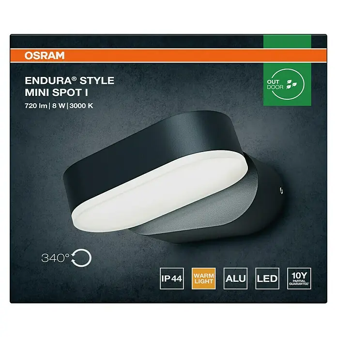 Osram Endura Style LED-Außenwandleuchte Mini - 8 W, 100 x 230 x 54 mm, Grau, IP44 - Schwarze, 340° drehbare Aluminium LED-Außenwandleuchte, IP44.