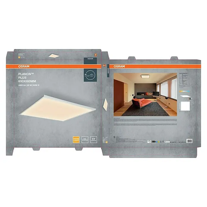Osram LED-Panel Planon Plus - L x B x H: 59,5 x 59,5 x 5 cm, Weiß, Warmweiß - OSRAM PLANON™ PLUS 600x600mm LED-Panel Verpackung mit warmem Licht Panel und Inneninstallation.
