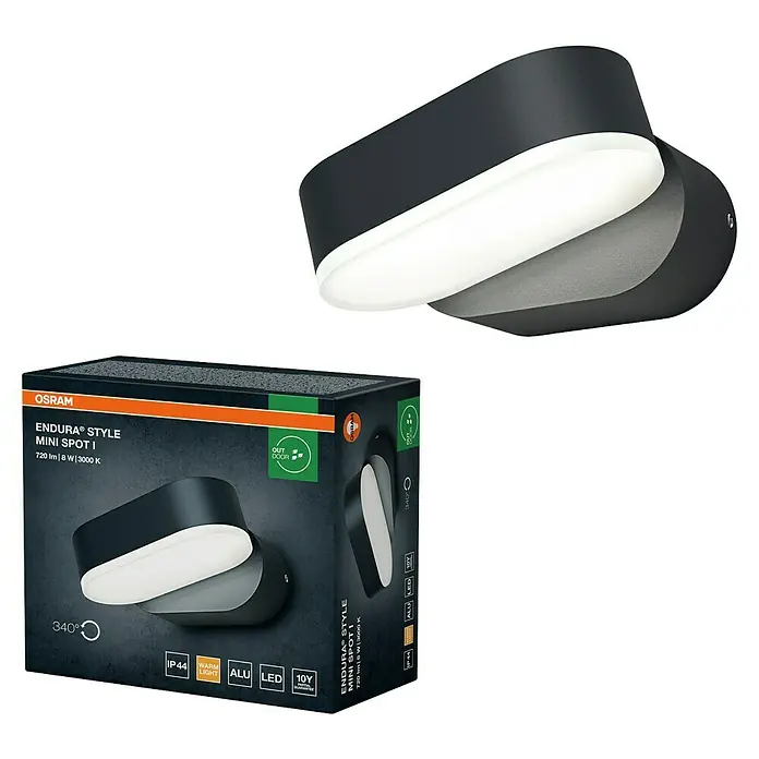 Osram Endura Style LED-Außenwandleuchte Mini - 8 W, 100 x 230 x 54 mm, Grau, IP44 - Schwarzer Osram Endura Style Mini Spot I LED-Außenstrahler, zusammen mit seiner Verpackung abgebildet.