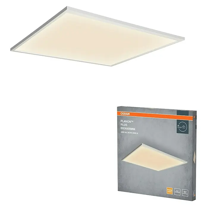 Osram LED-Panel Planon Plus - L x B x H: 59,5 x 59,5 x 5 cm, Weiß, Warmweiß - Ein Osram Planon Plus 600x600mm LED-Panel mit warmweißem Lichtschein, daneben die Produktverpackung.
