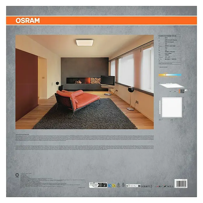 Osram LED-Panel Planon Plus - L x B x H: 59,5 x 59,5 x 5 cm, Weiß, Warmweiß - Quadratische OSRAM LED-Deckenleuchte in einem modernen Wohnzimmer installiert.