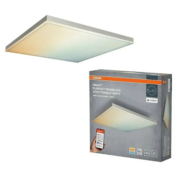 Ledvance Smart+ LED-Wand- & Deckenleuchte Planon Frameless - 20 W, L x B x H: 30 x 30 x 6,2 cm, Neutralweiß - Rahmenloses SMART+ LED-Panel mit abstimmbarem Weißlicht (3000-6500 K) und seiner Osram-Verpackung mit Smart-Funktionen.