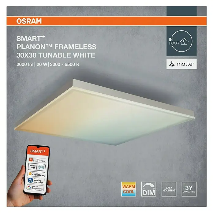 Ledvance Smart+ LED-Wand- & Deckenleuchte Planon Frameless - 20 W, L x B x H: 30 x 30 x 6,2 cm, Neutralweiß - Smart+ rahmenloses LED-Panel, 30x30, abstimmbares Weiß und dimmbar für Innenräume.