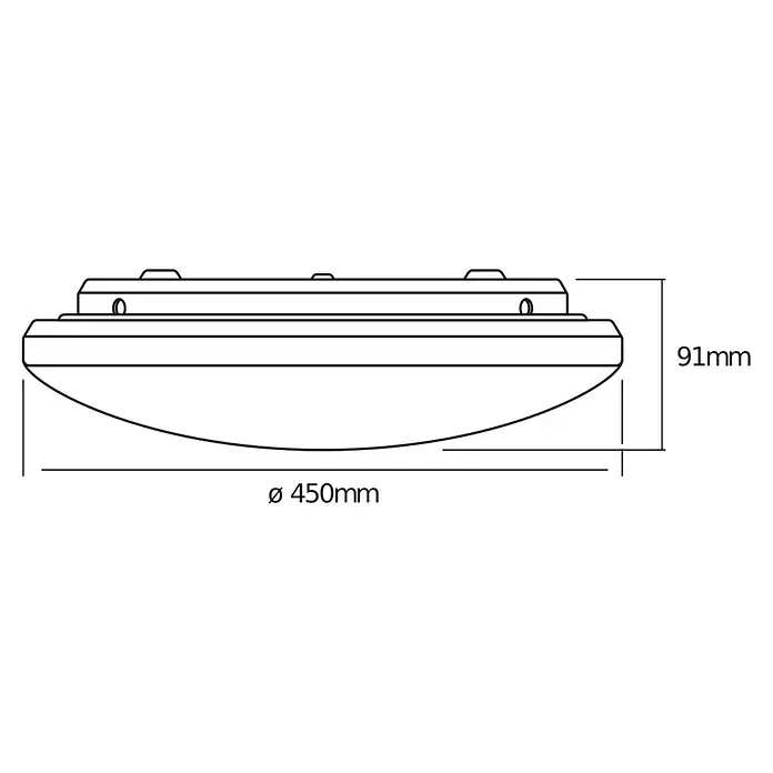 Osram Orbis LED-Deckenleuchte rund Sparkle Click Dim - 24 W, Ø x H: 45 x 9,1 cm, 3.000 K, Weiß - Technische Zeichnung im Seitenprofil einer runden Deckenleuchte mit Durchmesser 450mm und Höhe 91mm.