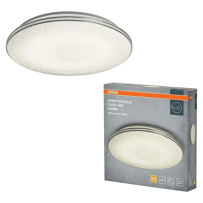 Osram Orbis LED-Deckenleuchte rund Sparkle Click Dim - 24 W, Ø x H: 45 x 9,1 cm, 3.000 K, Weiß - Osram Orbis Sparkle Click-Dim runde Deckenleuchte mit weißem, gesprenkeltem Diffusor und silberner Zierleiste, neben ihrer grau-orangenen Verpackung.