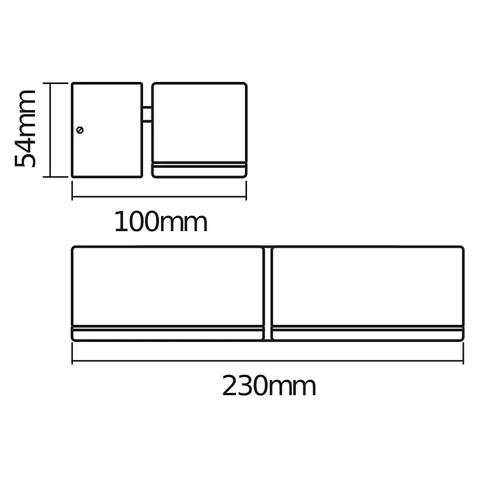 Osram Endura Style LED-Außenwandleuchte Mini - 13 W, 100 x 230 x 54 mm, Grau, IP44 - Technische Zeichnung einer rechteckigen Leuchte mit Abmessungen: 54mm Höhe, 100mm Breite und 230mm Gesamtlänge.