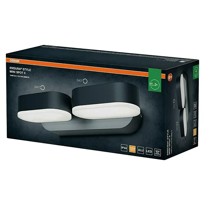 Osram Endura Style LED-Außenwandleuchte Mini - 13 W, 100 x 230 x 54 mm, Grau, IP44 - OSRAM ENDURA® STYLE MINI SPOT II Outdoor-LED-Strahler, dunkelgrau/schwarz aus Aluminium mit weißen Diffusoren. Um 340° verstellbar.