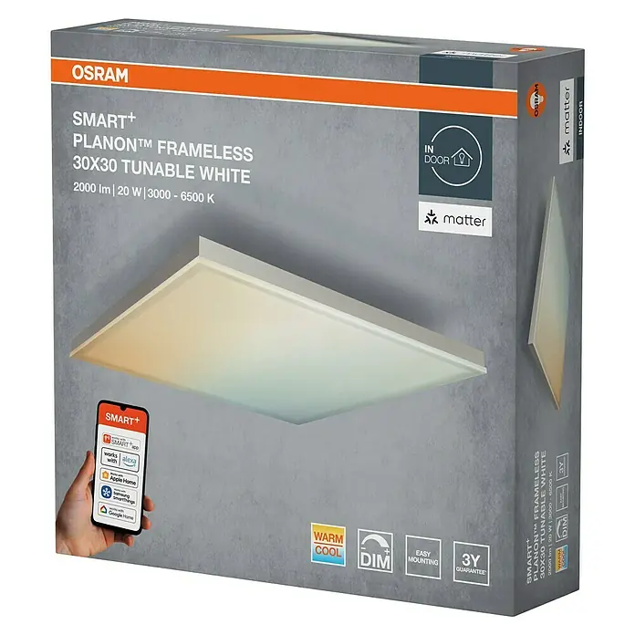 Ledvance Smart+ LED-Wand- & Deckenleuchte Planon Frameless - 20 W, L x B x H: 30 x 30 x 6,2 cm, Neutralweiß - OSRAM SMART+ Planon Frameless 30x30 Lichtpanel, leuchtend in abstimmbarem Weiß, mit Smartphone für Smart Home Integration.