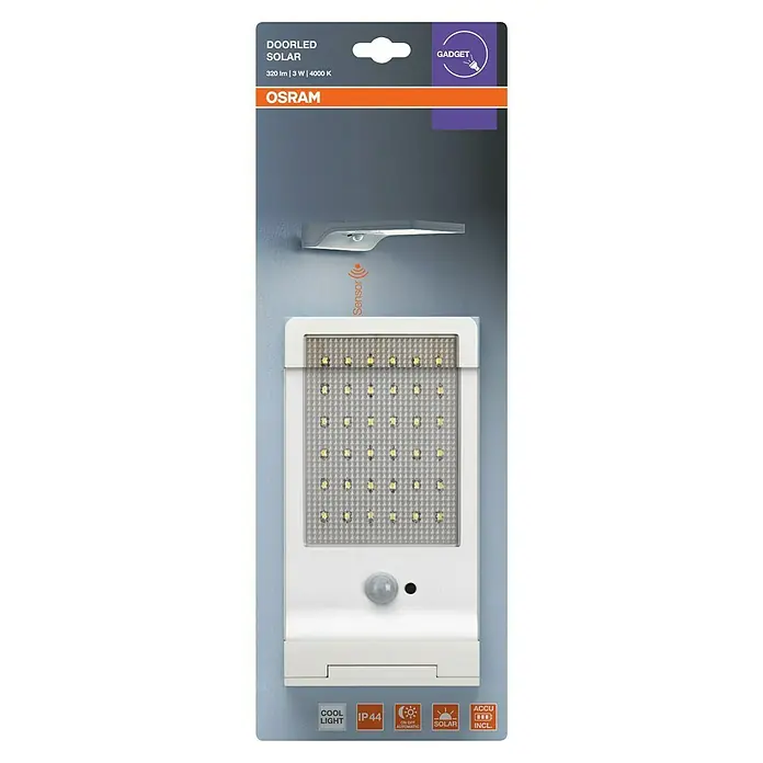 Osram Solar-Außenwandleuchte New Generation - 3 W, L x B x H: 19,2 x 11 x 3 cm, Weiß, IP44, 320 lm - Weißes, rechteckiges Solar-LED-Außenlicht mit integriertem Bewegungssensor und vielen kleinen LEDs.