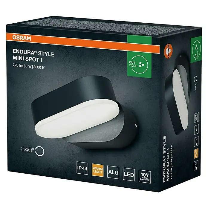 Osram Endura Style LED-Außenwandleuchte Mini - 8 W, 100 x 230 x 54 mm, Grau, IP44 - Dunkle Verpackung für OSRAM ENDURA® STYLE MINI SPOT I Outdoor-LED-Strahler. Merkmale: 720lm, 8W, 3000K, IP44, Aluminium, 340° verstellbar.