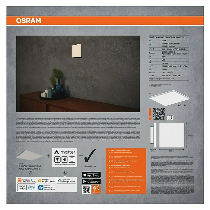 Ledvance Smart+ LED-Wand- & Deckenleuchte Planon Frameless - 20 W, L x B x H: 30 x 30 x 6,2 cm, Neutralweiß - Ein weißes, quadratisches, rahmenloses Smart-LED-Panel von OSRAM an einer dunklen Wand über einem Holzschrank, das einstellbares weißes Licht spendet.
