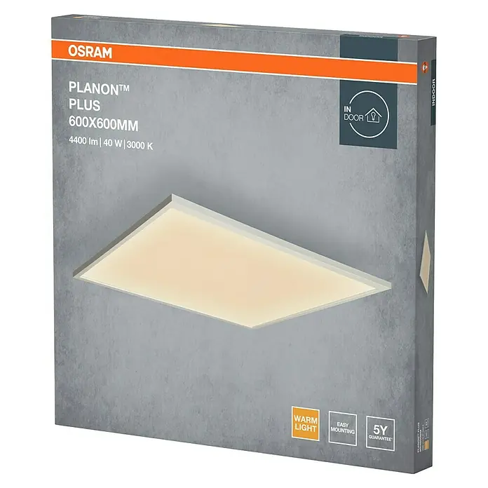 Osram LED-Panel Planon Plus - L x B x H: 59,5 x 59,5 x 5 cm, Weiß, Warmweiß - OSRAM PLANON PLUS 600x600mm LED-Panel-Verpackung, zeigt ein warmweißes, quadratisches LED-Panel. Graue Box mit orangefarbenem Streifen.