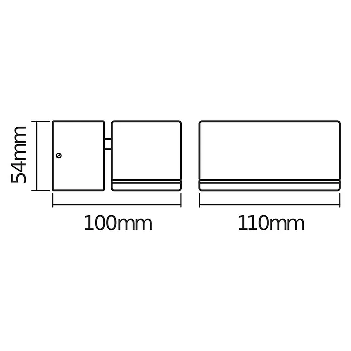 Osram Endura Style LED-Außenwandleuchte Mini - 8 W, 100 x 230 x 54 mm, Grau, IP44 - Technische Zeichnung eines rechteckigen Produkts mit Maßen: 54mm Höhe, 100mm Breite, 110mm Länge.