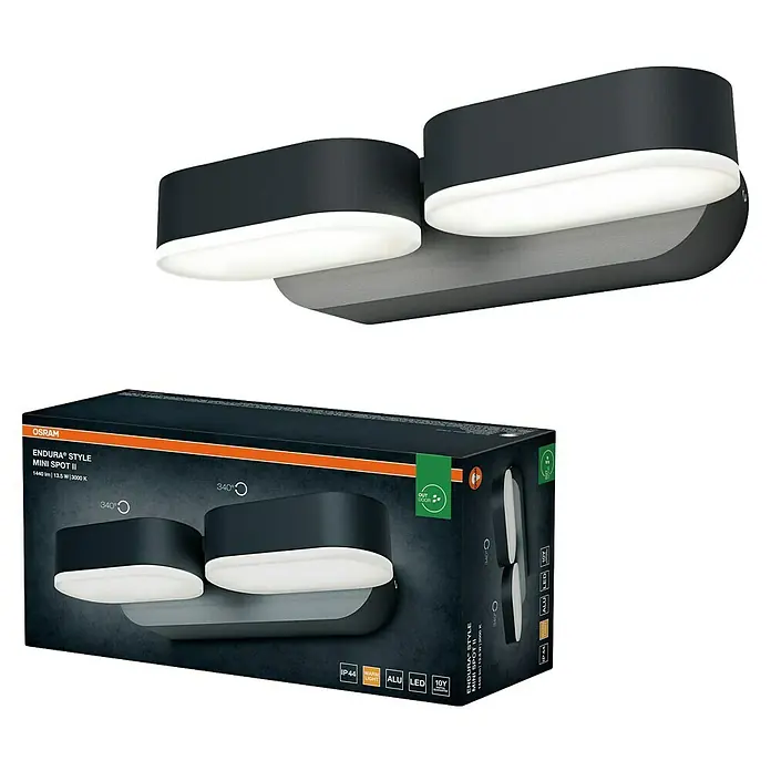 Osram Endura Style LED-Außenwandleuchte Mini - 13 W, 100 x 230 x 54 mm, Grau, IP44 - Dunkelgrauer, verstellbarer LED-Doppel-Außenstrahler mit weißen Diffusoren und Produktverpackung.