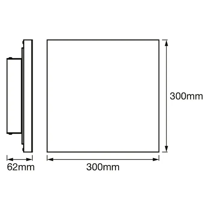 Ledvance Smart+ LED-Wand- & Deckenleuchte Planon Frameless - 20 W, L x B x H: 30 x 30 x 6,2 cm, Neutralweiß - Technische Zeichnung mit Vorder- und Seitenansicht eines quadratischen Panels, 300x300x62mm.