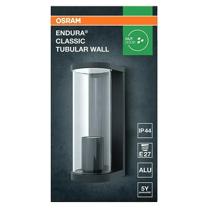 Osram Außenwandleuchte Endura Tbular - 11,7 x 8,2 x 22,2 cm, Dunkelgrau, IP44 - Dunkelgraue Aluminium-Außenwandleuchte mit klarem zylindrischem Diffusor, für E27-Leuchtmittel.