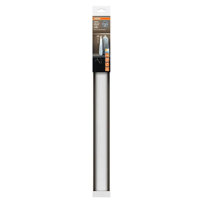 Osram LED-Unterbauleuchte Linear Flat Sensor + USB - L x B x H: 60 x 0,93 x 4 cm, Lichtfarbe: Mehrfarbig - OSRAM Lineare LED Flachsensorleuchte (600mm) mit USB-Ladefunktion, auf Verpackung für Kleiderschränke gezeigt.