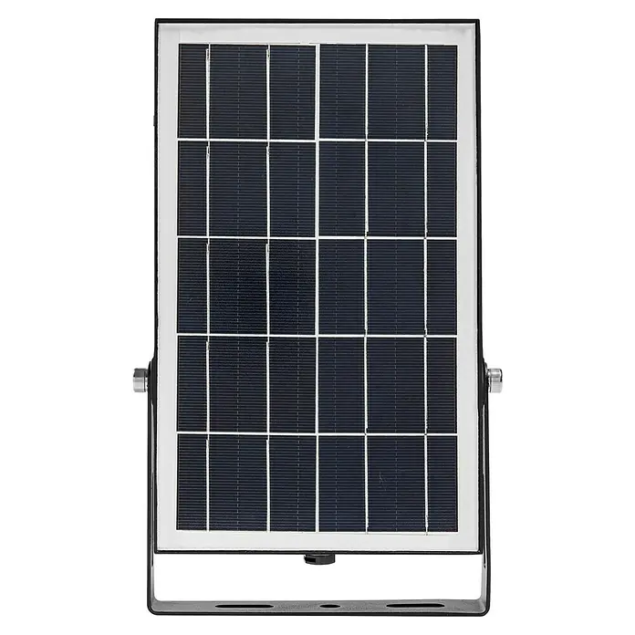 Osram LED-Sensor-Außenwandleuchte Endura Flood - 10 W, 19,4 x 6,7 x 31,3 cm, Kaltweiß - Rechteckiges Photovoltaikmodul mit dunklen Zellen, schwarzem Rahmen und Montagebügel mit silbernen Drehknöpfen.