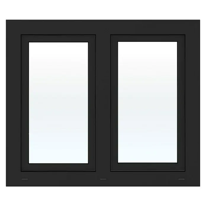Solid Elements Kunststofffenster Basic - 120 x 110 cm, Verglasung: 2-fach, DIN Anschlag: Links/Rechts, Außen: Anthrazit Sandstruktur, Innen: Weiß - Schwarzes zweiflügeliges Fenster.