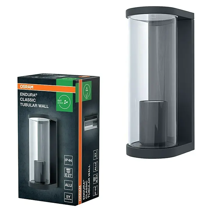 Osram Außenwandleuchte Endura Tbular - 11,7 x 8,2 x 22,2 cm, Dunkelgrau, IP44 - OSRAM Endura Classic Tubular Wandleuchte und Verpackung. Dunkelgraue Aluminium-Außenleuchte mit Zylinder, E27, IP44.