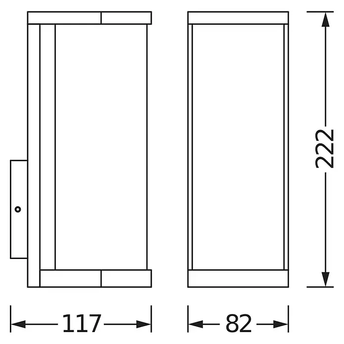 Osram Außenwandleuchte Endura Tbular - 11,7 x 8,2 x 22,2 cm, Dunkelgrau, IP44 - Technische Zeichnung einer rechteckigen Leuchte mit Abmessungen: 222mm Höhe, 117mm Breite und 82mm Tiefe.