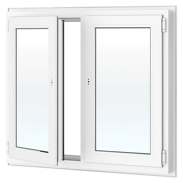 Solid Elements Kunststofffenster Basic - 120 x 110 cm, Verglasung: 2-fach, DIN Anschlag: Links/Rechts, Außen: Anthrazit Sandstruktur, Innen: Weiß - Weißes PVC-Fenster mit zwei Flügeln, ein Flügel leicht geöffnet.