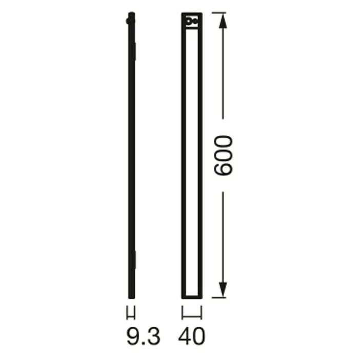 Osram LED-Unterbauleuchte Linear Flat Sensor + USB - L x B x H: 60 x 0,93 x 4 cm, Lichtfarbe: Mehrfarbig - Technische Zeichnung eines Rechteckprofils, 600mm lang, 40mm breit und 9,3mm tief.