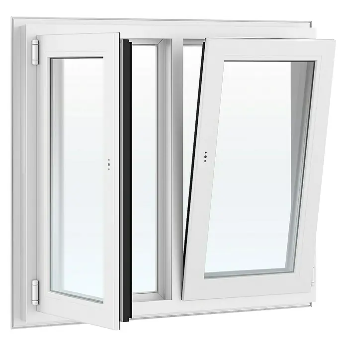 Solid Elements Kunststofffenster Basic - 150 x 110 cm, Verglasung: 2-fach, DIN Anschlag: Links/Rechts, Außen: Anthrazit Sandstruktur, Innen: Weiß - Weißes modernes Fenster mit einem komplett geöffneten und einem gekippten Flügel zur Belüftung.