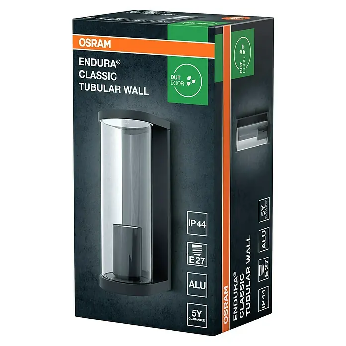 Osram Außenwandleuchte Endura Tbular - 11,7 x 8,2 x 22,2 cm, Dunkelgrau, IP44 - Dunkelgraue/schwarze Aluminium-Outdoor-Wandleuchte mit klarer Röhrenabdeckung, E27-Fassung und IP44-Schutzart.
