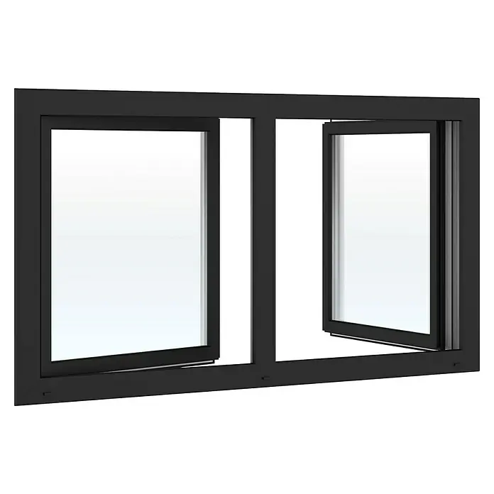 Solid Elements Kunststofffenster Basic - 200 x 110 cm, Verglasung: 2-fach, DIN Anschlag: Links/Rechts, Außen: Anthrazit Sandstruktur, Innen: Weiß - Dunkelgrauer Fensterrahmen mit zwei Glasscheiben, eine geschlossen, eine gekippt geöffnet.