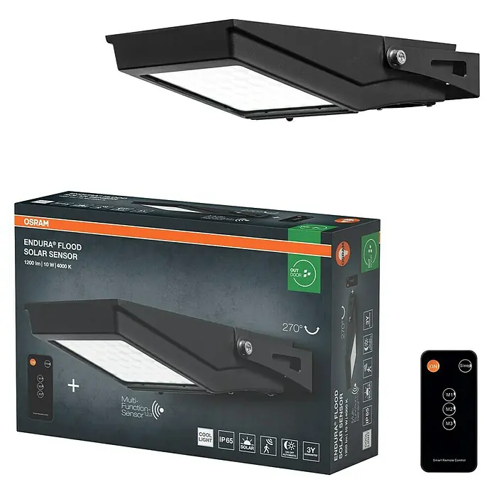 Osram LED-Sensor-Außenwandleuchte Endura Flood - 10 W, 19,4 x 6,7 x 31,3 cm, Kaltweiß - Schwarzer OSRAM Solar-Flutlichtstrahler mit Sensor und Fernbedienung.