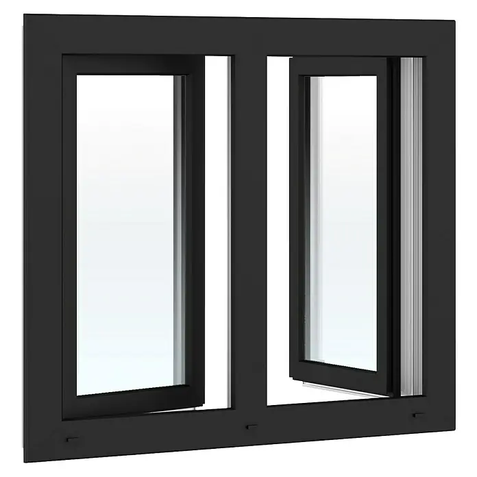 Solid Elements Kunststofffenster Basic - 150 x 110 cm, Verglasung: 2-fach, DIN Anschlag: Links/Rechts, Außen: Anthrazit Sandstruktur, Innen: Weiß - Schwarz gerahmtes Fenster mit zwei Flügeln, einer leicht geöffnet.