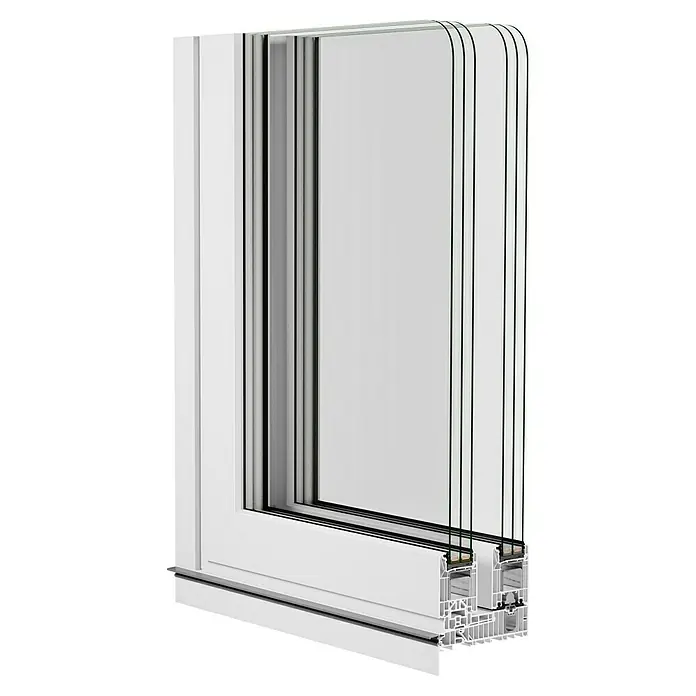 Solid Elements Hebeschiebetür - 201 x 201 cm, Verglasung: 3-fach - Weißer PVC-Fensterrahmen im Querschnitt, der die innere Struktur und Mehrfachverglasung für Wärme- und Schalldämmung zeigt.