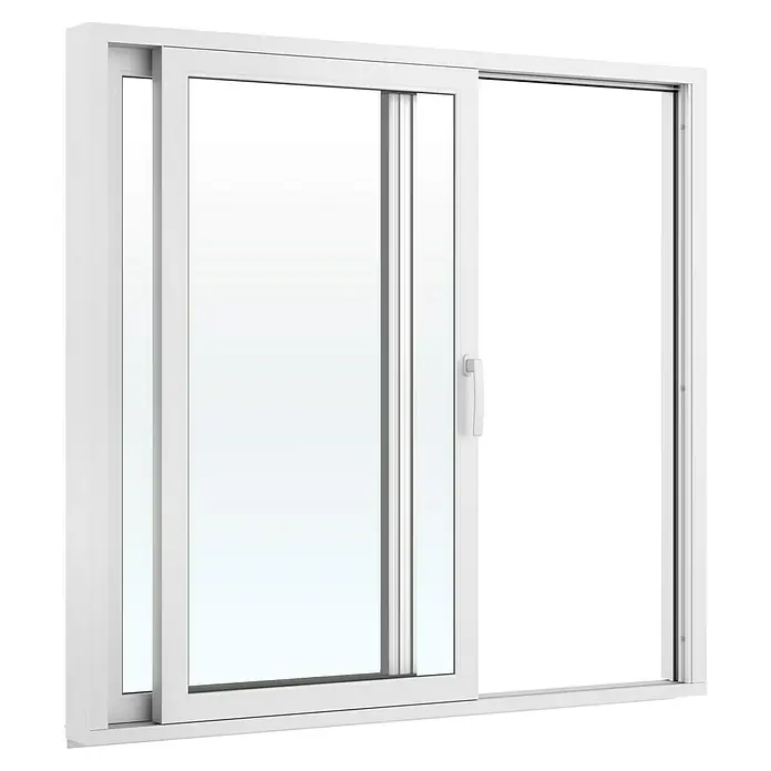 Solid Elements Hebeschiebetür - 201 x 201 cm, Verglasung: 3-fach - Weißes Schiebefenster, teilweise geöffnet, mit Griff am rechten Flügel.