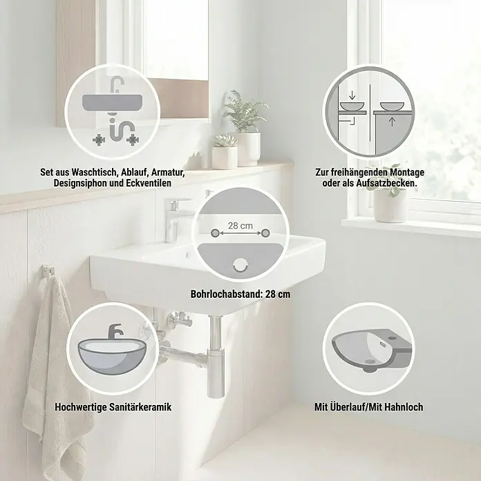RAK Ceramics Waschtisch-Set Milo - 60 x 46 cm, Hahnloch: Mitte, Mit Überlauf, Set aus Waschtisch, Ablauf, Armatur, Designsiphon und Eckventilen - Weißes Keramik-Waschbecken mit Armatur und Siphon. Zur freihängenden Montage oder als Aufsatzbecken, mit 28 cm Bohrlochabstand.