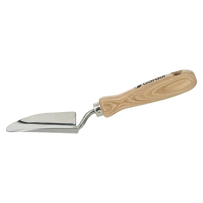 Gardol Schaufel - Breite: 9 cm, Länge: 33 cm - Gartenspaten aus silbernem Metall mit hellem Holzgriff und „Gardol“-Logo.