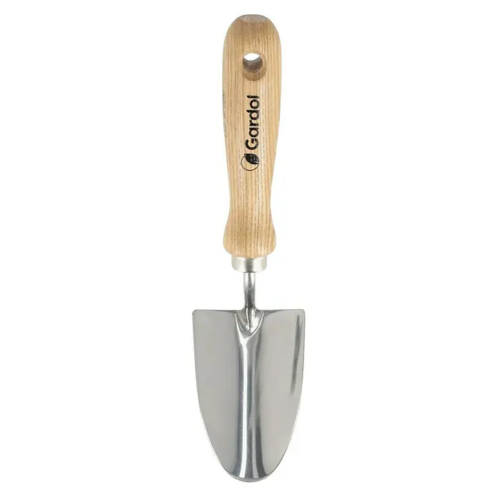 Gardol Schaufel - Breite: 9 cm, Länge: 33 cm - Eine Gartenschaufel mit hellem Holzgriff und glänzender Metallschaufel.