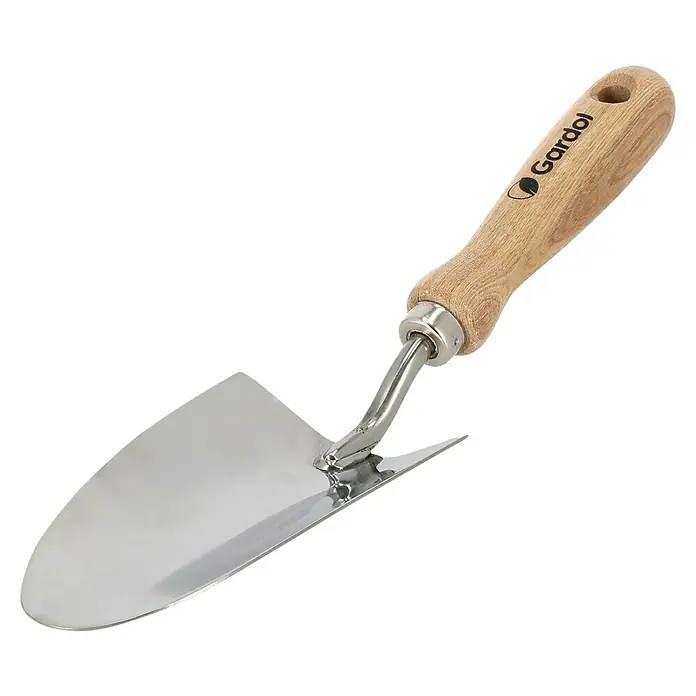 Gardol Schaufel - Breite: 6,5 cm, Esche, Edelstahl - Silberne Metall-Gartenschaufel mit natürlichem Holzgriff und Gardol-Logo.