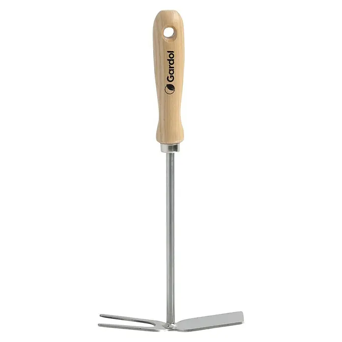 Gardol Doppelhacke - Anzahl Zinken: 2 Stk., Esche, Edelstahl - Garten-Handgerät mit hellem Holzgriff und doppeltem Metallkopf, bestehend aus Gabel und Hackenblatt.