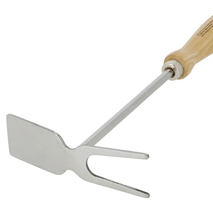 Gardol Doppelhacke - Anzahl Zinken: 2 Stk., Esche, Edelstahl - Kleine Handhacke mit Holzgriff und silbernem Metallkopf mit flacher Klinge und zwei Zinken.
