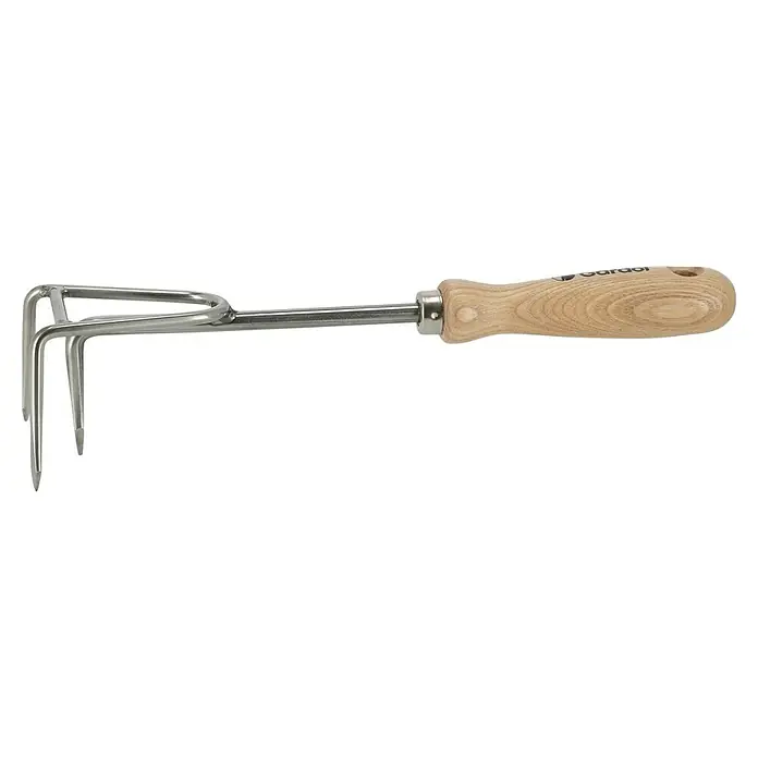 Gardol Grubber - Esche, Edelstahl - Handgrubber mit Holzgriff und vier Metallzinken, Gartengerät zum Lockern der Erde.