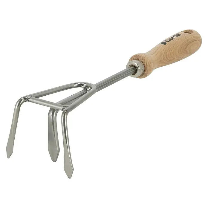 Gardol Grubber - Esche, Edelstahl - Kleine Handhacke mit silbernen Metallzinken und Naturholzgriff, ein Gartengerät zum Lockern der Erde.